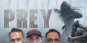 Podcast cover featuring "Prey" movie poster with hosts from 3 Guys and a Flick.