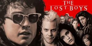 Promotional poster for The Lost Boys featuring main characters from the movie.