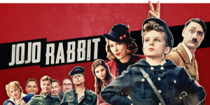 Podcast cover featuring characters from Jojo Rabbit for movie review discussion.