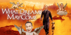 Logo of "3 Guys and a Flick" movie review podcast with hosts and surreal background.