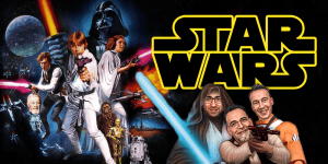 Star Wars themed podcast cover featuring characters and scenes from the iconic saga.