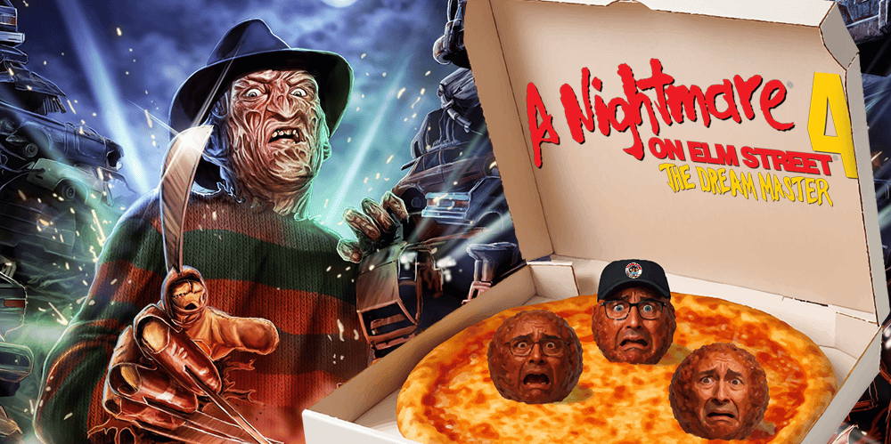 Freddy Krueger and faces in a pizza box from Nightmare on Elm Street film review.