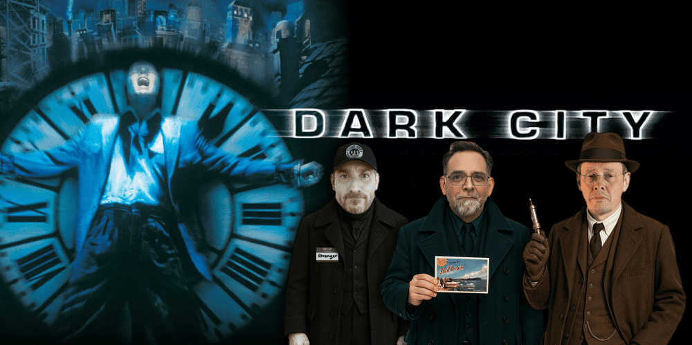 Three men from the Dark City movie review podcast standing in front of a clock background.