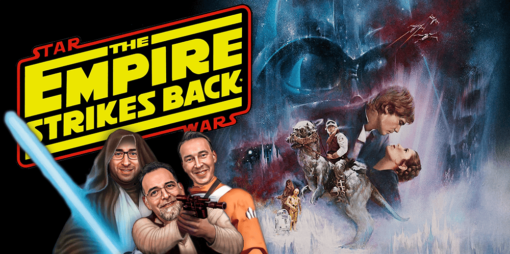 Group of four hosts discussing Star Wars: The Empire Strikes Back for a movie review podcast.