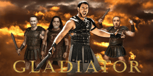 Four men dressed as Roman gladiators against a fiery sky background.