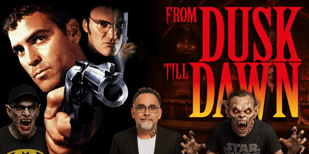 Promotional image for "3 Guys and a Flick" podcast featuring "Dusk Till Dawn" movie review.