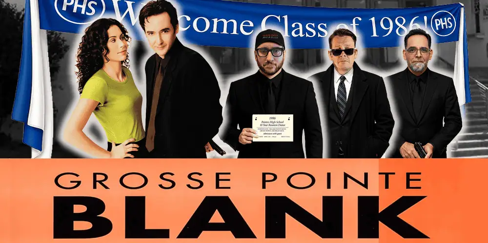 The cast of Grosse Pointe Blank with a banner in the background, promoting the movie review podcast.