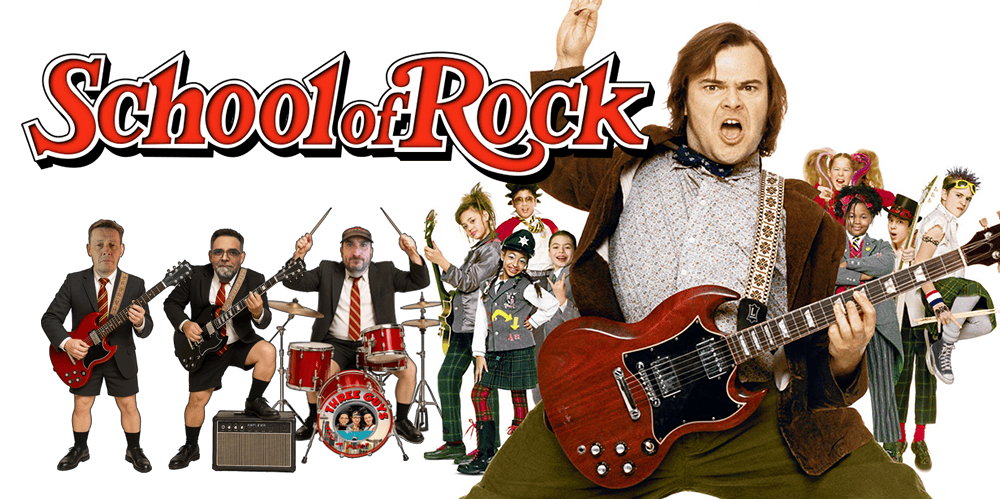 Group of actors dressed as musicians from School of Rock movie, performing with instruments.
