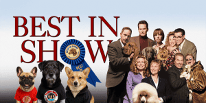 Group of people and dogs from "Best in Show" movie, promoting the podcast.