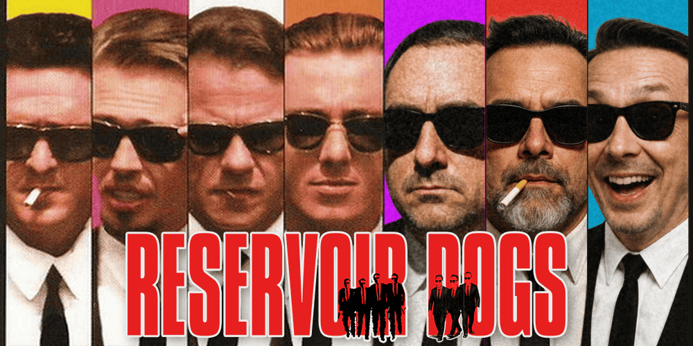 Promotional poster for Reservoir Dogs featuring the main characters in suits and sunglasses.
