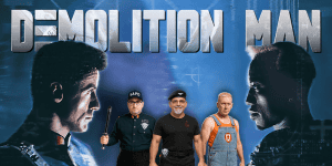 Promotional poster for Demolition Man featuring four men, including Sylvester Stallone and Wesley Sn.
