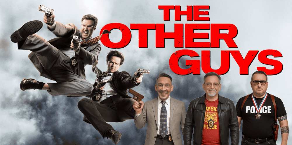 The Other Guys movie poster featuring four men, some holding guns, with a smoky background.