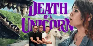 Cover image for "Death of a Unicorn" movie review podcast featuring a woman and a unicorn.