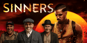 Four men with serious expressions against a fiery sunset background, promoting the Sinners film revi.