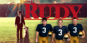 The three hosts of "3 Guys and a Flick" podcast standing on a football field.