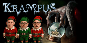 Promotional image for "Krampus" movie review podcast featuring three elves and a spooky hand.