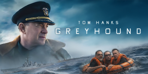 Tom Hanks in Greyhound movie poster with navy background and rescue scene.