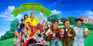 Group of men dressed as teachers and students in a colorful back-to-school scene.