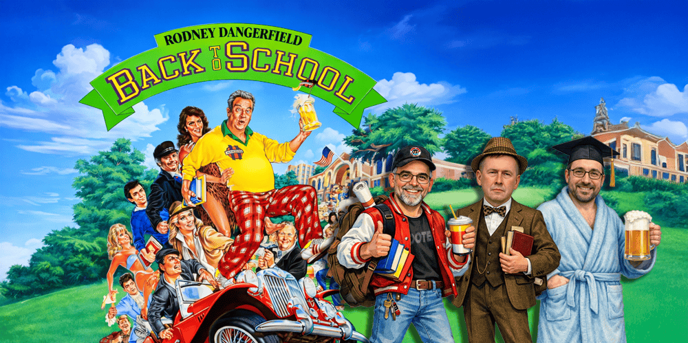 Group of men dressed as teachers and students in a colorful back-to-school scene.