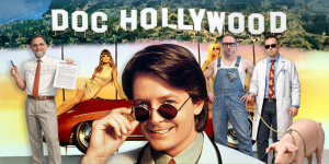 Group of diverse hosts from "3 Guys and a Flick" podcast posing outdoors with Hollywood sign in back.