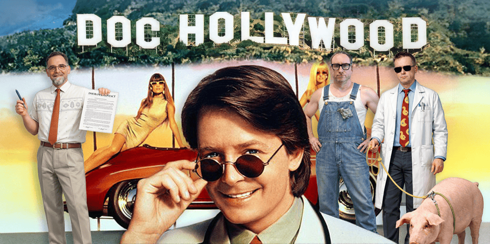 Group of diverse hosts from "3 Guys and a Flick" podcast posing outdoors with Hollywood sign in back.