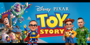 Promotional image for "3 Guys and a Flick" podcast reviewing Toy Story.