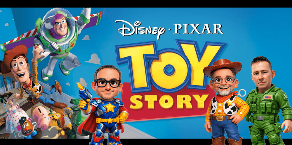 Promotional image for "3 Guys and a Flick" podcast reviewing Toy Story.