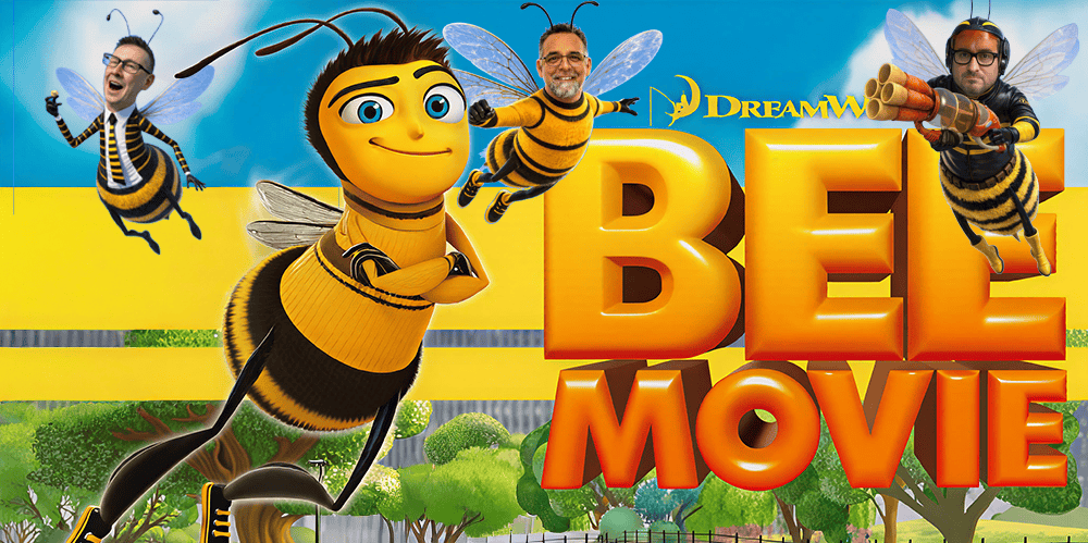 Logo of "Bee Movie" featuring animated bees and characters from the film.