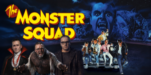Monster Squad movie poster featuring main characters and iconic monsters.