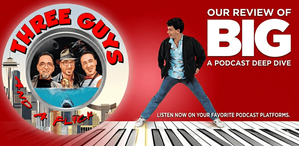 Logo of Three Guys and a Flick movie review podcast featuring three hosts.