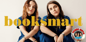 Two women sitting together, promoting the Booksmart movie review podcast.