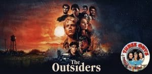 The Outsiders movie poster featuring cast members against a fiery sunset background.
