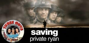 Saving Private Ryan movie poster with soldiers, WWII setting, and title text.
