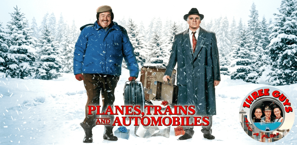 Three Guys and a Flick podcast hosts in winter landscape.