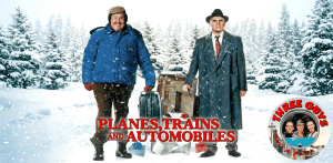 Three Guys and a Flick podcast hosts in winter landscape.