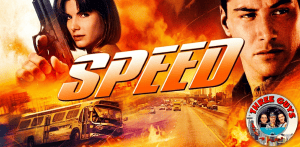 Speed movie poster featuring Keanu Reeves and Sandra Bullock with a bus in a fiery scene.