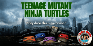 Teenage Mutant Ninja Turtles movie poster with four turtles in front of NYC skyline.