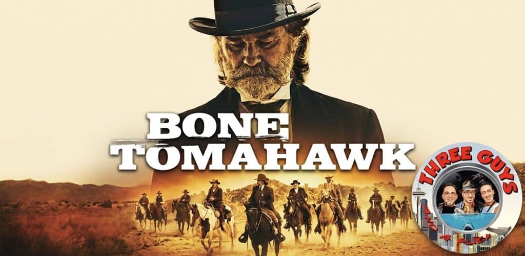 Bone Tomahawk movie poster with cowboys and a rugged western scene.