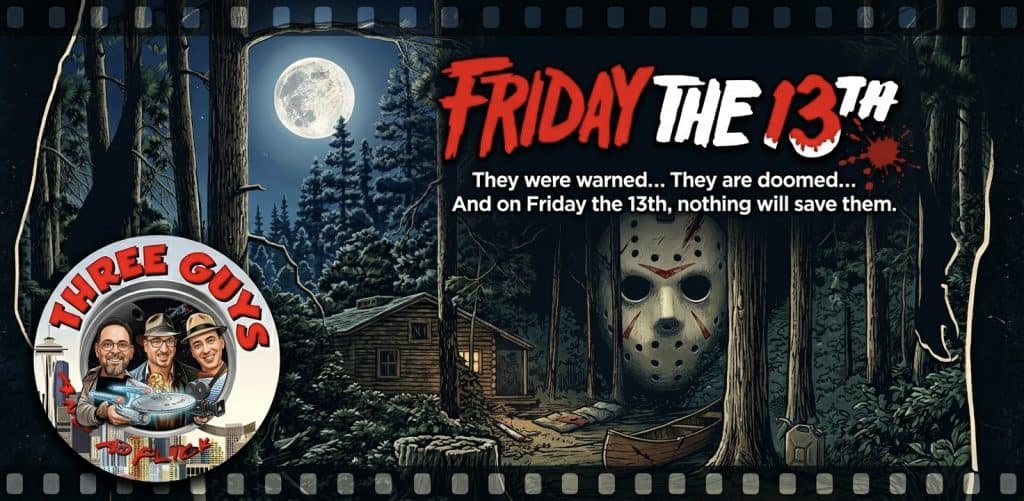 Friday the 13th horror movie poster with Jason's mask in a dark forest scene.