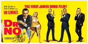 Vintage poster of Dr. No featuring James Bond and characters in 1960s style.