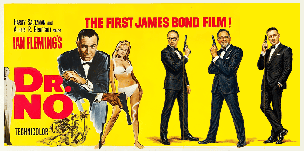 Vintage poster of Dr. No featuring James Bond and characters in 1960s style.