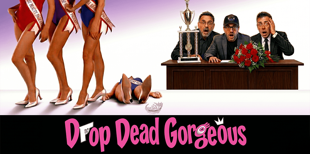 Three men at a desk with a trophy, flowers, and surprised expressions, promoting the Drop Dead Gorge.