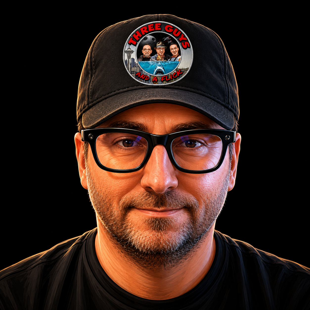 Podcast host wearing a cap with "Three Guys and a Flick" logo, glasses, and a friendly smile.