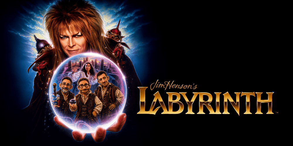 Promotional poster for the movie Labyrinth featuring David Bowie and young characters.