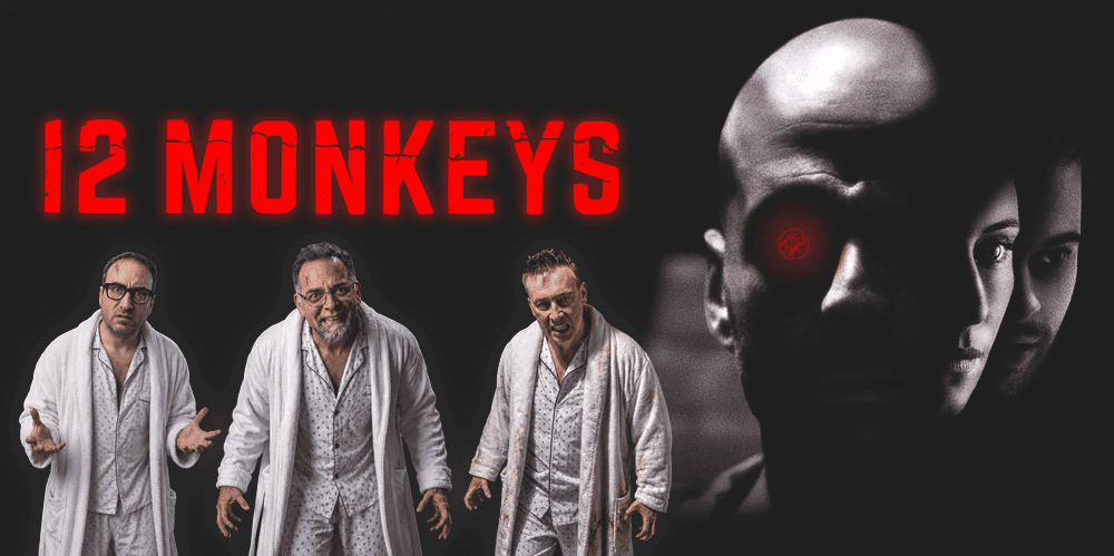 12 Monkeys film poster with three men and a mysterious face.