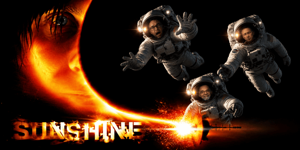 Sunshine movie poster with astronauts and a fiery sun in space.