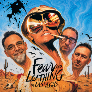 Movie poster for Fear and Loathing in Las Vegas with four characters and desert background.