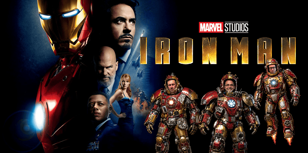 Official Iron Man movie poster featuring Tony Stark and Iron Man suits.