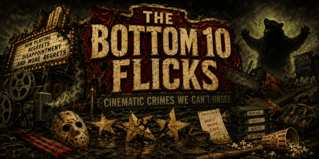 Podcast cover image for The Bottom 10 Flicks movie reviews and cinematic crimes.