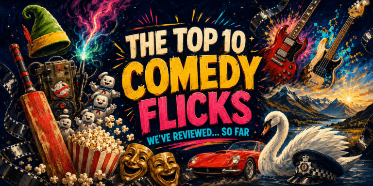 Podcast cover image featuring comedy movies and film review elements.